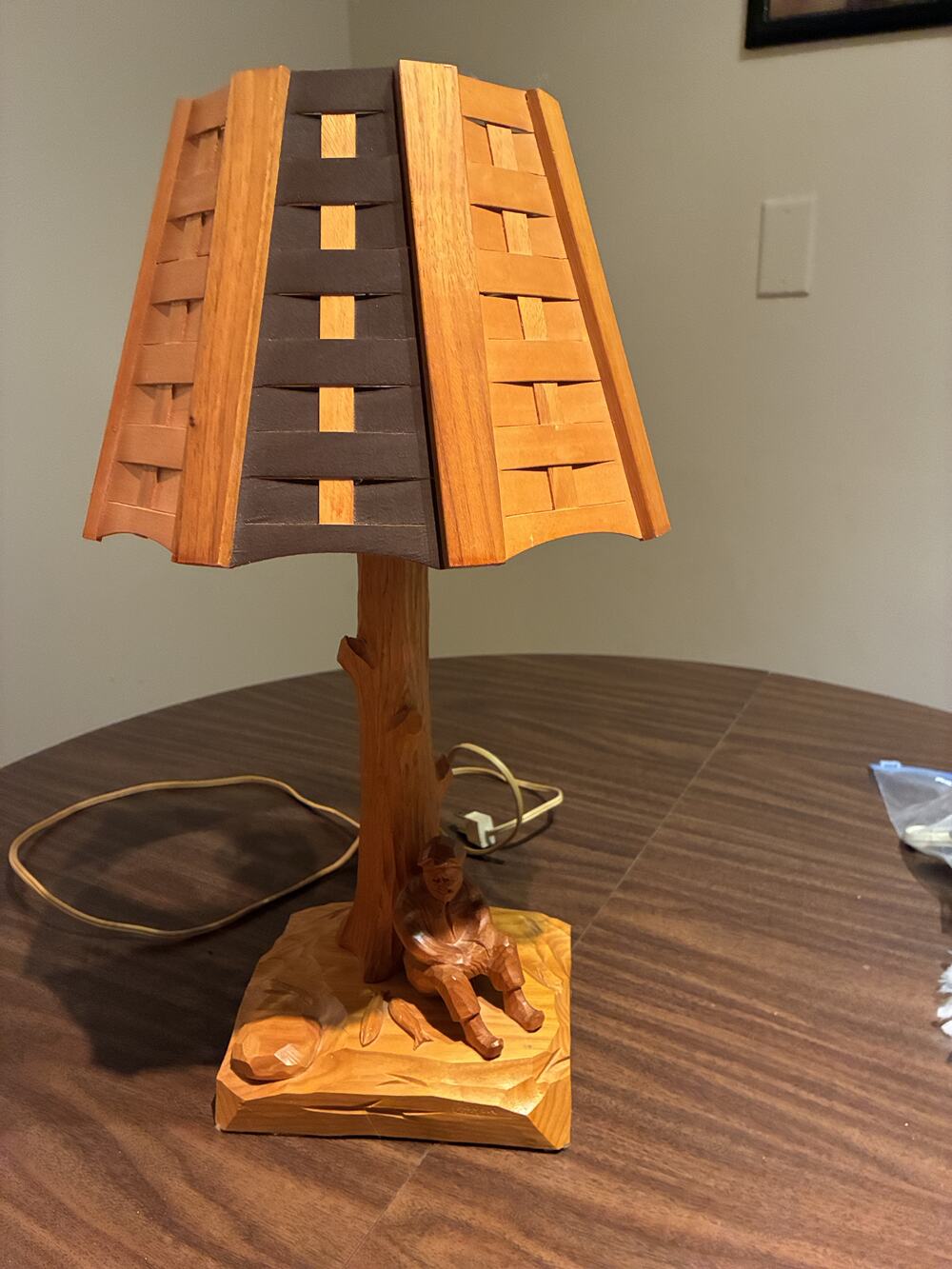 Vintage Wooden Table Lamp with Carved Fisherman Base / Brown and Tan Shade / Rus